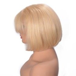Full Lace Wig, Short Length, 8", Bob Cut With Fringe, Color #22 (Light Pale Blonde), Made With Remy Indian Human Hair