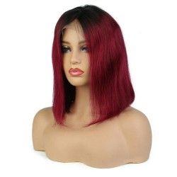 Full Lace Wig, Short Length, Bob Cut, Ombre Color #1B/530 (Off Black / Red Wine), Made With Remy Indian Human Hair
