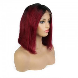 Full Lace Wig, Short Length, Bob Cut, Ombre Color #1B/530 (Off Black / Red Wine), Made With Remy Indian Human Hair