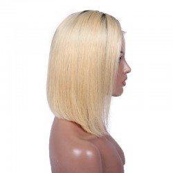 Full Lace Wig, Short Length, 10", Bob Cut, Ombre Color #1/613 (Jet Black / Platinum Blonde), Made With Remy Indian Human Hair