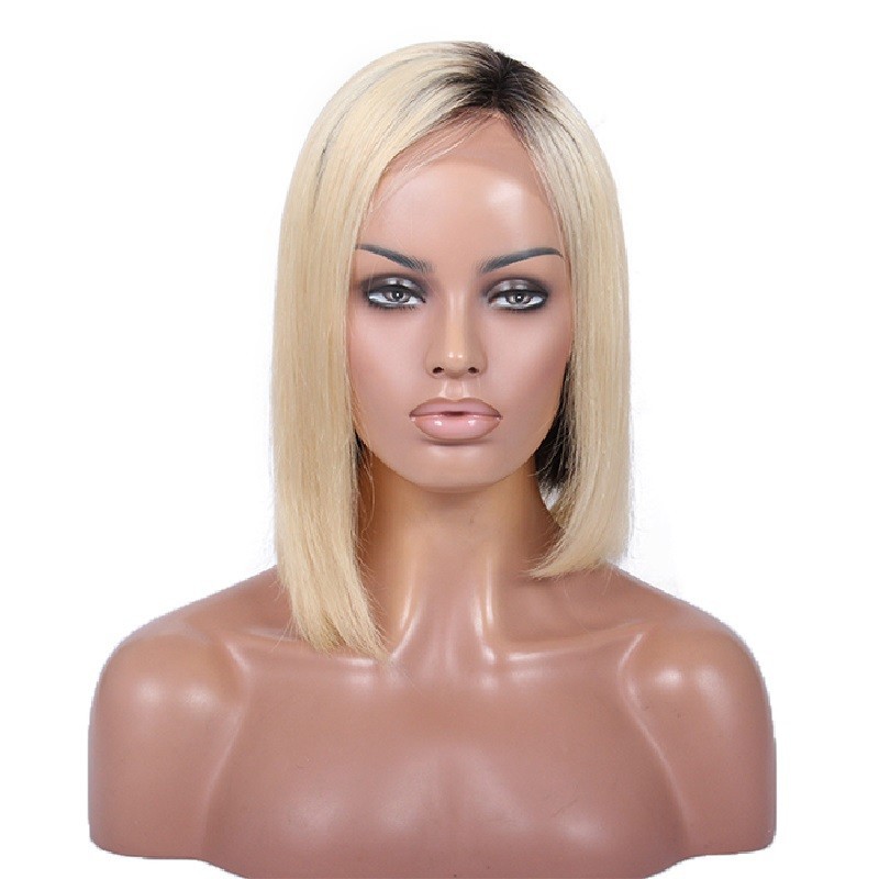 Full Lace Wig, Short Length, 10", Bob Cut, Ombre Color #1/613 (Jet Black / Platinum Blonde), Made With Remy Indian Human Hair