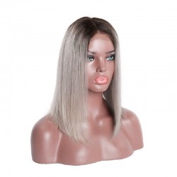 Full Lace Wig, Medium Length, Ombre Color #1B/Grey (Off Black / Grey), Made With Remy Indian Human Hair