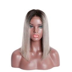 Full Lace Wig, Medium Length, Ombre Color #1B/Grey (Off Black / Grey), Made With Remy Indian Human Hair
