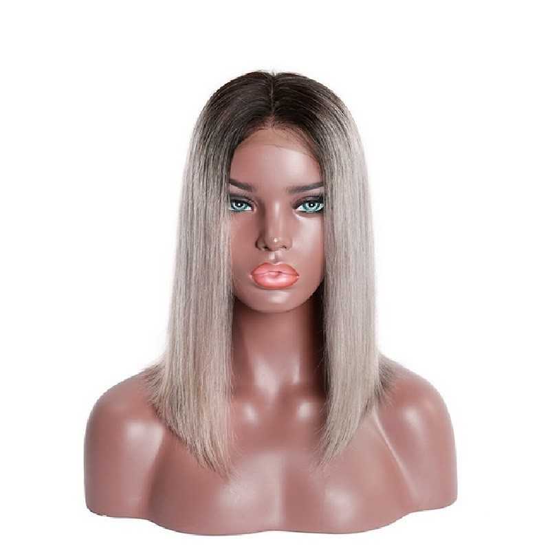 Full Lace Wig, Medium Length, Ombre Color #1B/Grey (Off Black / Grey), Made With Remy Indian Human Hair