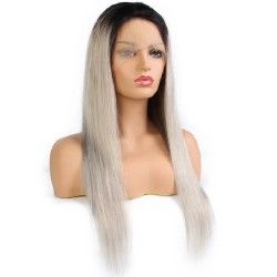 Full Lace Wig, Long Length, Ombre Color #1B/Dirty Silver-Grey (Off Black / Dirty Silver-Grey), Made With Remy India Human Hair