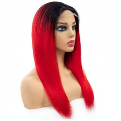 Full Lace Wig, Long Length, Ombre Color #1B/Red (Off Black / Red), Made With Remy Indian Human Hair
