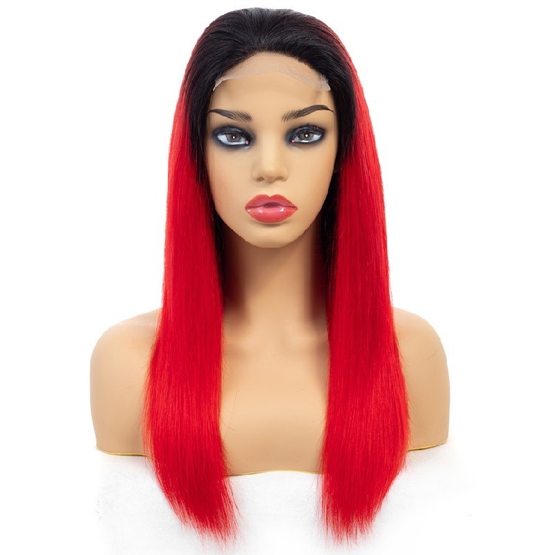 Full Lace Wig, Long Length, Ombre Color #1B/Red (Off Black / Red), Made With Remy Indian Human Hair