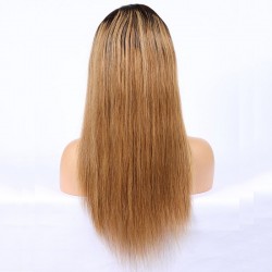 Full Lace Wig, Long Length, Ombre Color #4/27  (Dark Brown / Honey Blonde), Made With Remy Indian Human Hair