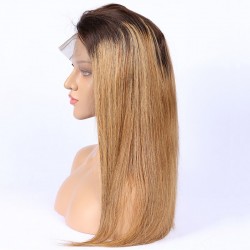 Full Lace Wig, Long Length, Ombre Color #4/27  (Dark Brown / Honey Blonde), Made With Remy Indian Human Hair