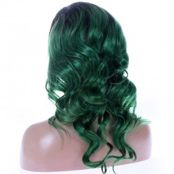 Full Lace Wig, Long Length, Loose Wavy, Ombre Color #1B/Green (Off Black / Green), Made With Remy Indian Human Hair
