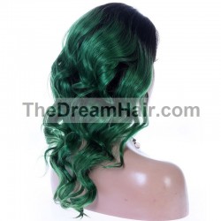 Full Lace Wig, Long Length, Loose Wavy, Ombre Color #1B/Green (Off Black / Green), Made With Remy Indian Human Hair