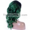 Full Lace Wig, Long Length, Loose Wavy, Ombre Color #1B/Green (Off Black / Green), Made With Remy Indian Human Hair