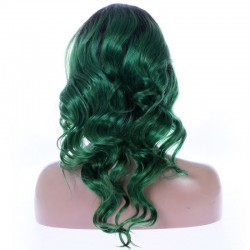 Full Lace Wig, Long Length, Loose Wavy, Ombre Color #1B/Green (Off Black / Green), Made With Remy Indian Human Hair