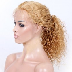 Full Lace Wig, Long Length, Natural Curly, Color #24 (Golden Blonde), Made With Remy Indian Human Hair