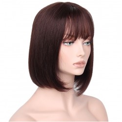 Lace Front Wig, Short Length, 10", Bob Cut With Fringe, Color #2 (Darkest Brown), Made With Remy Indian Human Hair
