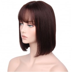 Lace Front Wig, Short Length, 10", Bob Cut With Fringe, Color #2 (Darkest Brown), Made With Remy Indian Human Hair