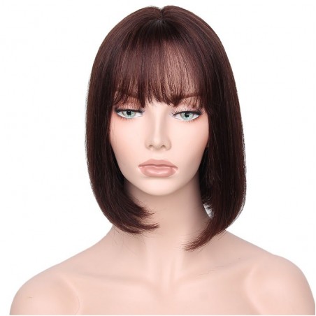 Lace Front Wig, Short Length, 10", Bob Cut With Fringe, Color #2 (Darkest Brown), Made With Remy Indian Human Hair