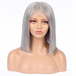 Lace Front Wig, Short Length, 10", Bob Cut, Color Grey (Silver), Made With Remy Indian Human Hair