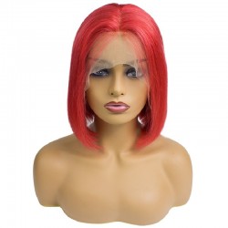 Lace Front Wig, Short Length, 10", Bob Cut, Color Red, Made With Remy Indian Human Hair