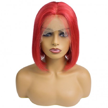 Lace Front Wig, Short Length, 10", Bob Cut, Color Red, Made With Remy Indian Human Hair