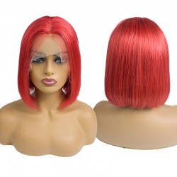 Lace Front Wig, Short Length, 10", Bob Cut, Color Red, Made With Remy Indian Human Hair