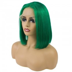 Lace Front Wig, Short Length, 10", Bob Cut, Color Green, Made With Remy Indian Human Hair
