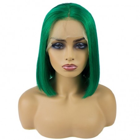 Lace Front Wig, Short Length, 10", Bob Cut, Color Green, Made With Remy Indian Human Hair