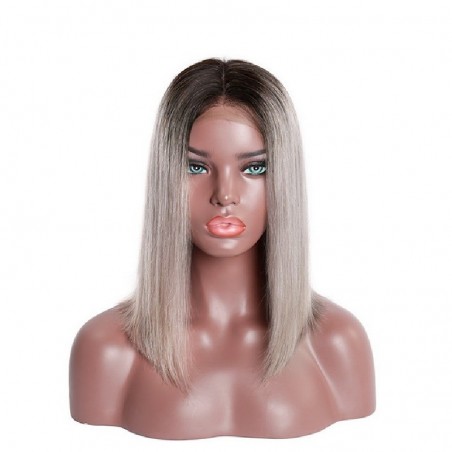 Lace Front Wig, Medium Length, Ombre Color #1B/Grey (Off Black / Grey), Made With Remy India Human Hair