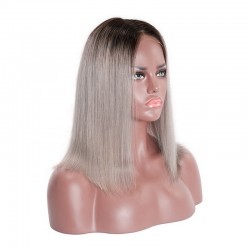 Lace Front Wig, Medium Length, Ombre Color #1B/Grey (Off Black / Grey), Made With Remy India Human Hair