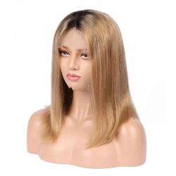 Lace Front Wig, Medium Length, Ombre Color #1B/18 (Off Black / Light Ash Blonde), Made With Remy Indian Human Hair