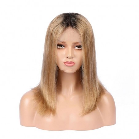 Lace Front Wig, Medium Length, Ombre Color #1B/18 (Off Black / Light Ash Blonde), Made With Remy Indian Human Hair