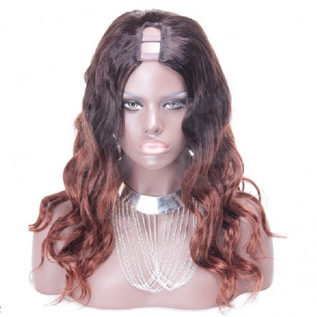 U-Part Wig, Body Wave, Ombre, Color #1B/30 (Off Black / Dark Auburn), Made With Remy Indian Human Hair
