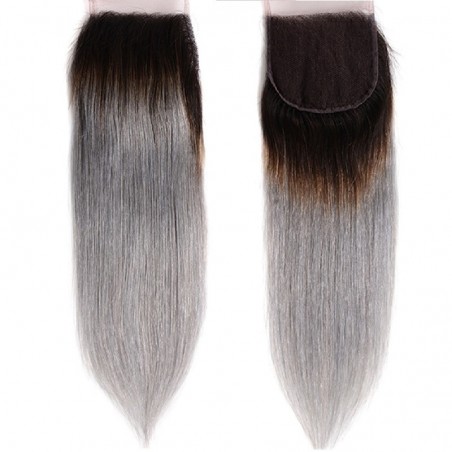 Top Closure Hair Extensions, Free Part, Mix Colour #1B/Grey (Off Black / Grey), Made With Remy Indian Human Hair