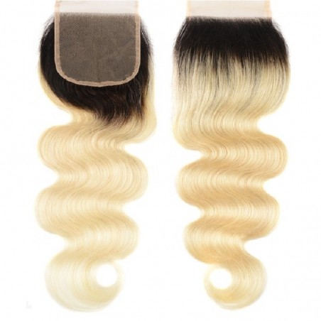 Top Closure Hair Extensions, Free Part, Body Wave, Mix Color #1B/613 (Off Black/Platinum Blonde), Made of Remy Indian Human Hair