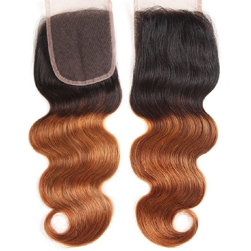 Top Closure Hair Extensions, Free Part, Body Wave, Mix Colour #1B/33 (Off Black / Auburn)Made With Remy Indian Human Hair