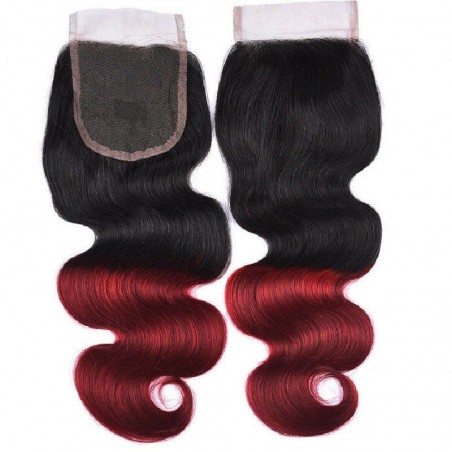 Top Closure Hair Extensions, Free Part, Body Wave, Mix Colour #1B/99j (Off Black / Burgundy), Made With Remy Indian Human Hair