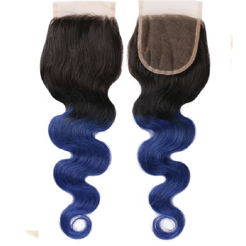 Top Closure Hair Extensions, Free Part, Body Wave, Mix Colour #1B/Blue (Off Black / Blue), Made With Remy Indian Human Hair