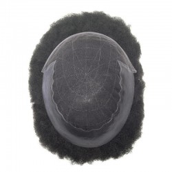 Men’s Wig - Toupee, Afro Curl, French Lace Base with Thin clear PU, Color #1 (Jet Black), Made With Remy Indian Human Hair