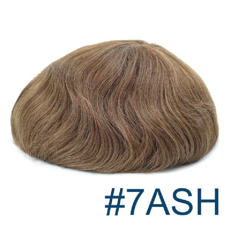 Men's Wig-Toupee, Fine Mono with Skin and French Lace front Base, Color 7#ASH (Light Brown with Ash Tone), Made With Indian Hair