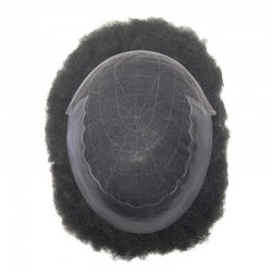 Men’s Wig - Toupee, Afro Curl, French Lace Base with Thin clear PU, Color #1A (Black), Made With Remy Indian Human Hair