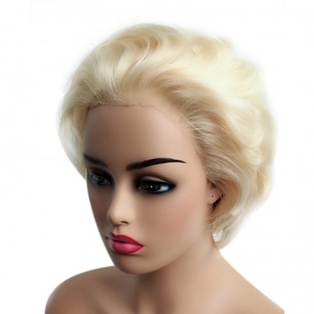 Lace Front Wig, Short Length, 8", Pixie Cut, Wavy, Color #613 (Platinum Blonde), Made With Remy Indian Human Hair