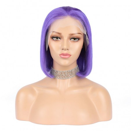 Lace Front Wig, Short Length, 10", Bob Cut, Color Purple Iris, Made With Remy Indian Human Hair