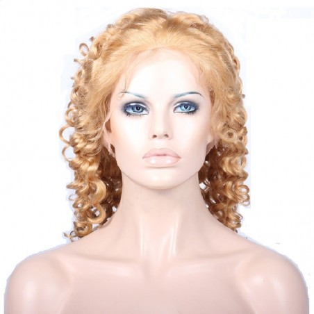 Lace Front Wig, Long Length, Deep Curly, Color #27 (Honey Blonde), Made With Remy Indian Human Hair