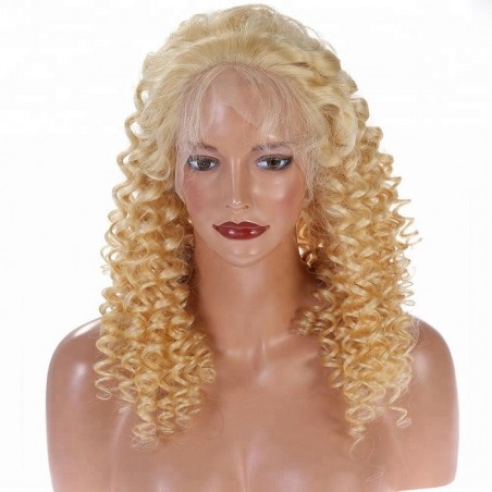 Lace Front Wig, Long Length, Deep Curly, Color #24 (Golden Blonde), Made With Remy Indian Human Hair