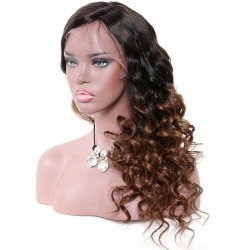 Lace Front Wig, Long Length, Curly, Ombre Color #1B/6 (Off Black / Medium Brown), Made With Remy Indian Human Hair
