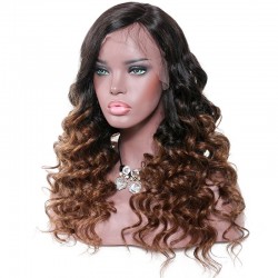 Lace Front Wig, Long Length, Curly, Ombre Color #1B/6 (Off Black / Medium Brown), Made With Remy Indian Human Hair