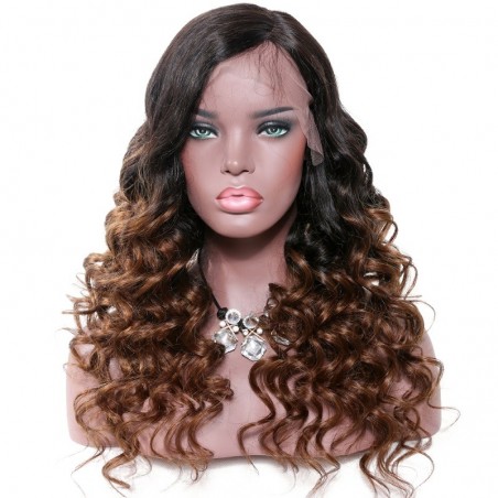 Lace Front Wig, Long Length, Curly, Ombre Color #1B/6 (Off Black / Medium Brown), Made With Remy Indian Human Hair