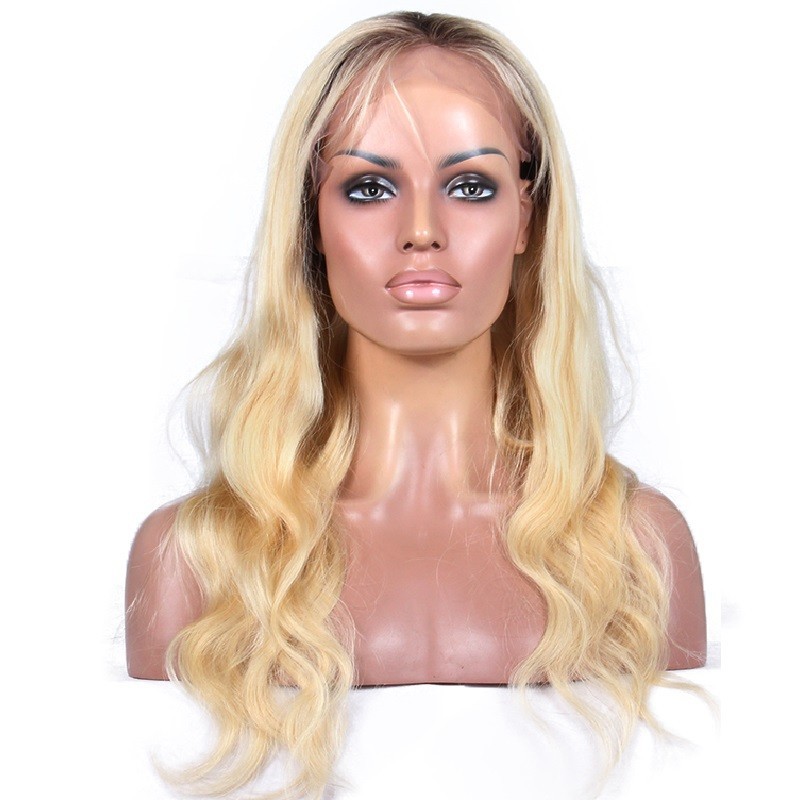 Lace Front Wig, Long Length, Body Wave, Ombre Color #1B/613 (Off Black / Platinum Blonde), Made With Remy Indian Human Hair