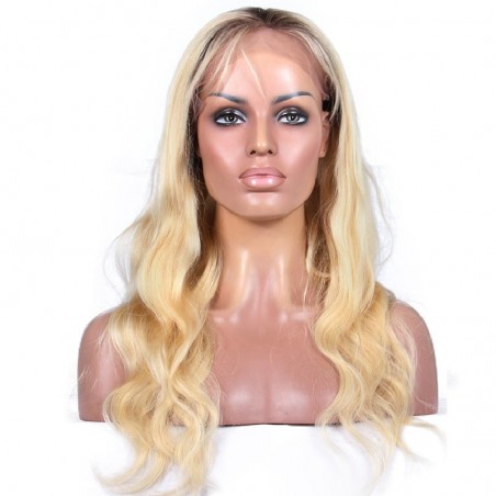 Lace Front Wig, Long Length, Body Wave, Ombre Color #1B/613 (Off Black / Platinum Blonde), Made With Remy Indian Human Hair
