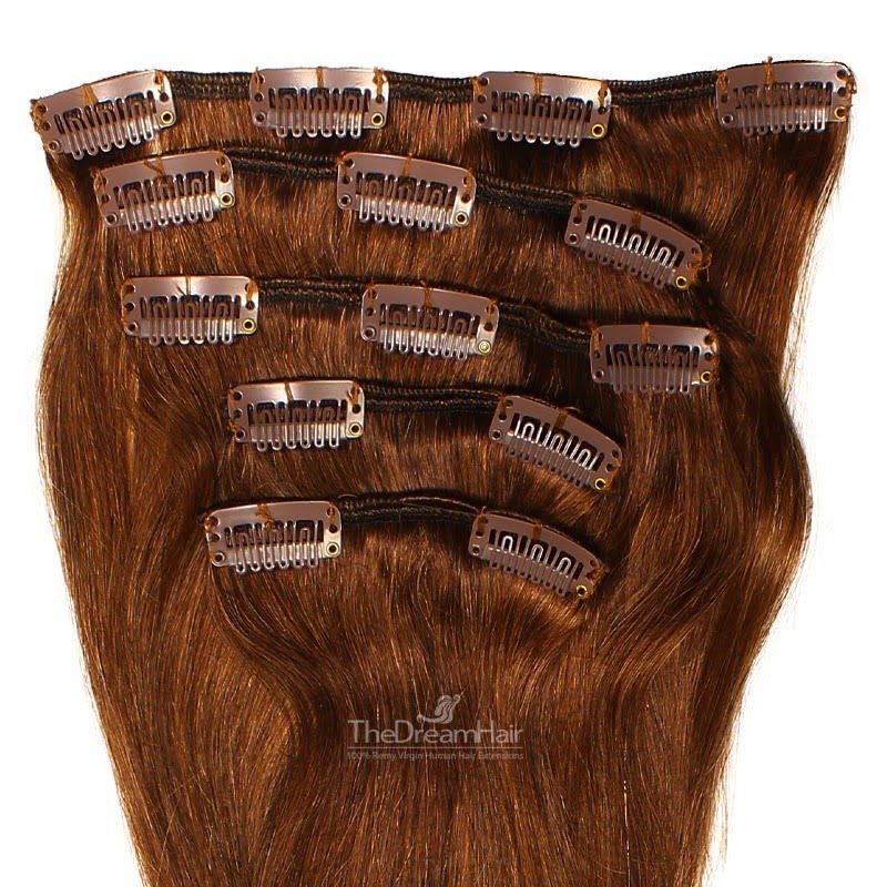 Set of 5 Pieces of Weft, Clip in Hair Extensions, Color #4 (Dark Brown), Made With Remy Indian Human Hair Set of 5 Pieces of Weft, Clip in Hair Extensions, Color #4 (Dark Brown), Made With Remy Indian Human Hair